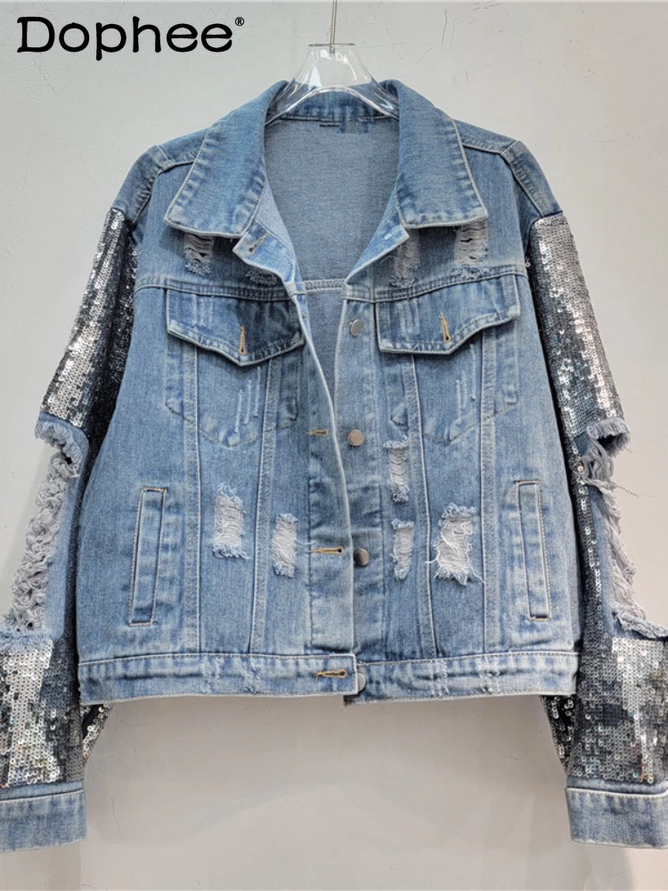 

Heavy Industry Ripped Stiching Sequined Sleeve Loose Slim Denim Jacket Women 2023 Spring Autumn New Polo Collar Jacket Femela