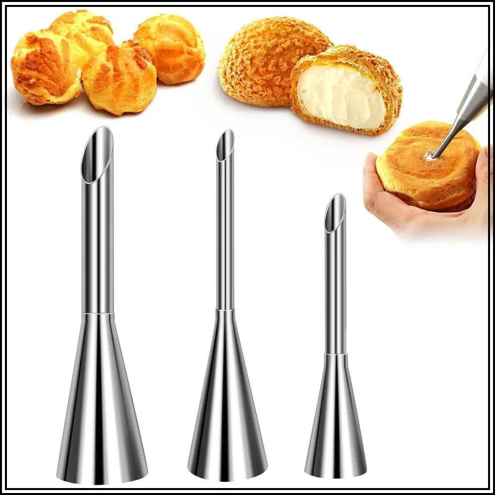 Long Cream Puff Piping Tips Set - 3 Stainless Steel Nozzles for Pastry Decorating