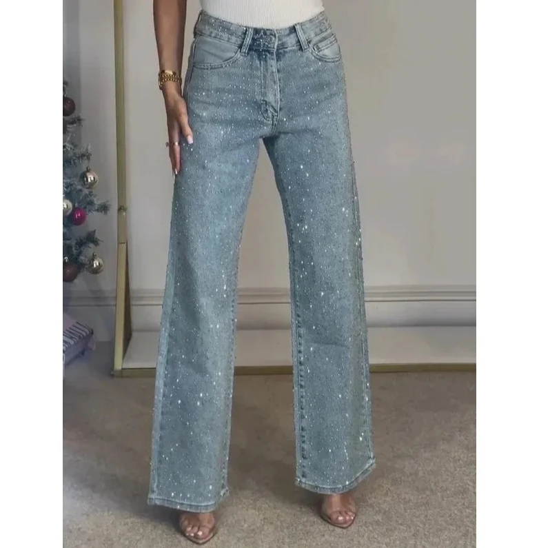 جينز نسائي مستقيم الماس السراويل تمتد عالية الخصر غسلها أمي الجينز Y2k الشارع الشهير بنطلون خمر الدينيم الشارع الشهير #5