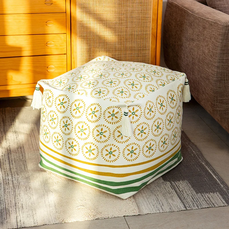 Etali Cotton Braided Stool Printed Tassel Home Shoe Changing Stool Simple Fabric Living Room Stool Sofa Small Sagging 