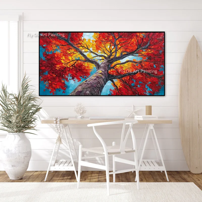 Heavy Impasto Large Canvas Tree Oil Painting Hand Painted Vibrant Fall Foliage Artwork Living Room Home Decor Items