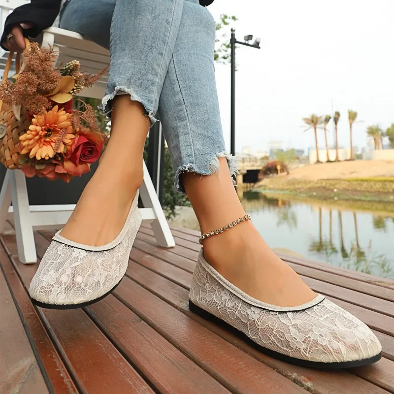 2025 Zapatos planos poco profundos con punta redonda de encaje a