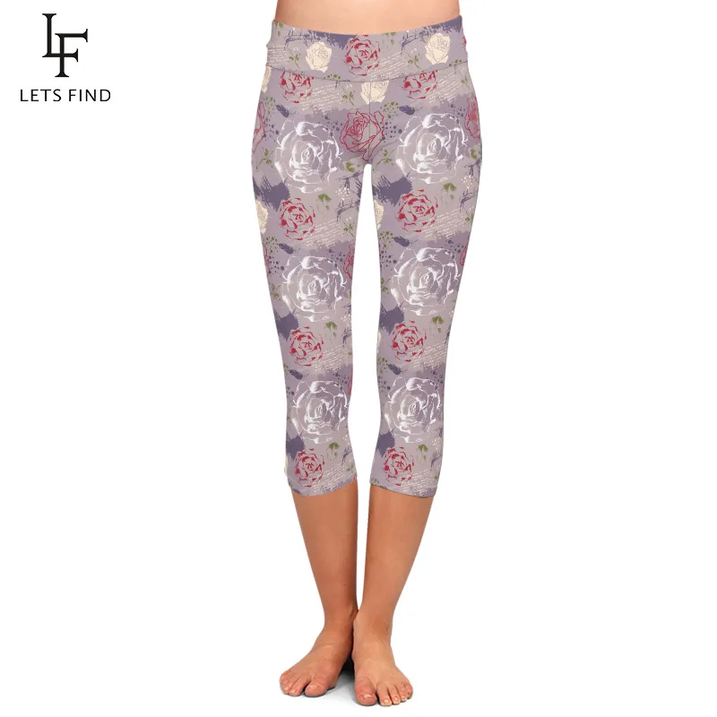 

LETSFIND High Quaility Beautiful Roses Print Women Capri Leggings High Waist Soft Fitness Elastic Mid-Calf Leggings