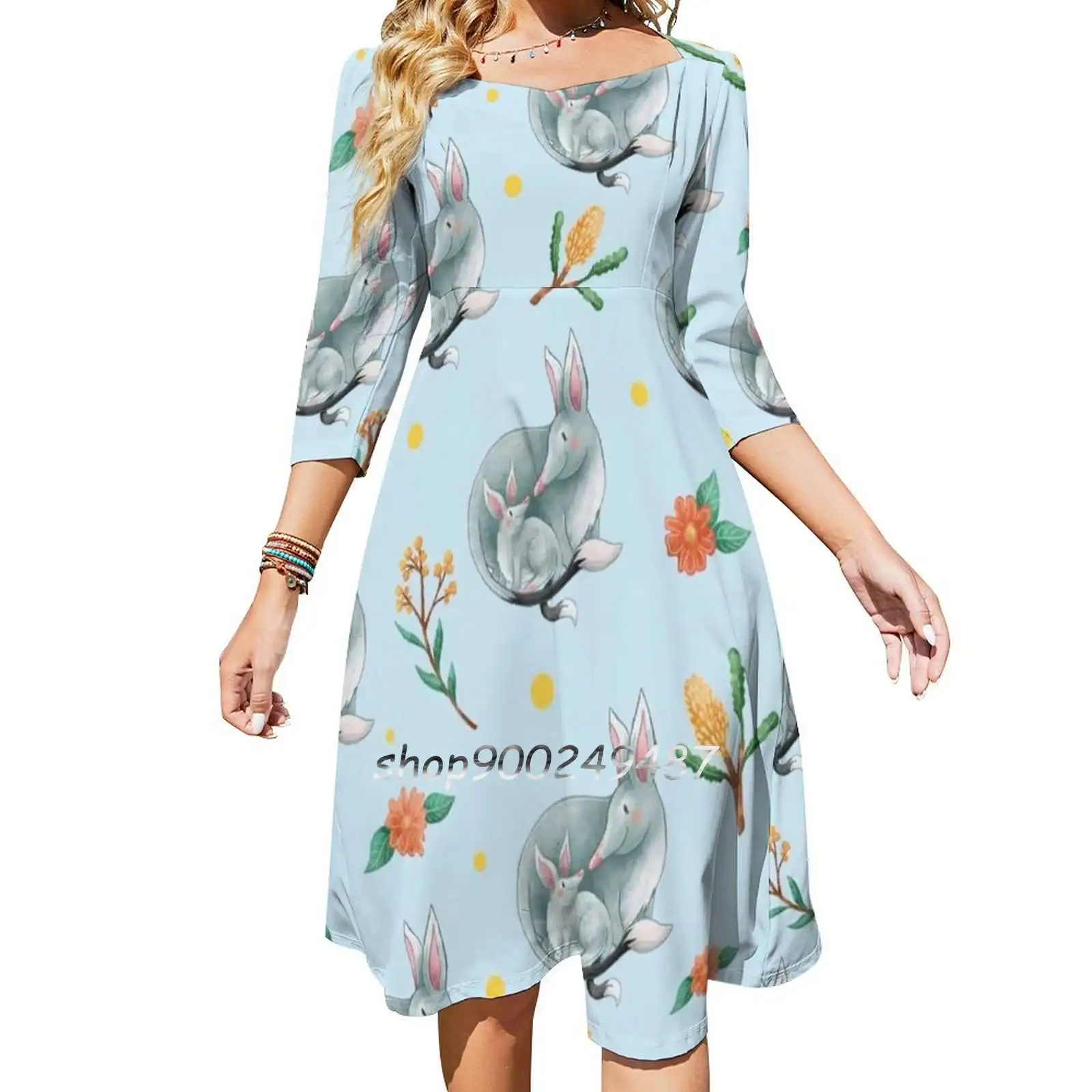 Blue Australian Bilby Pattern Sweetheart Knot Flared Dress Fashion Design Large Size Loose Dress Australian Bilby Blue Natives