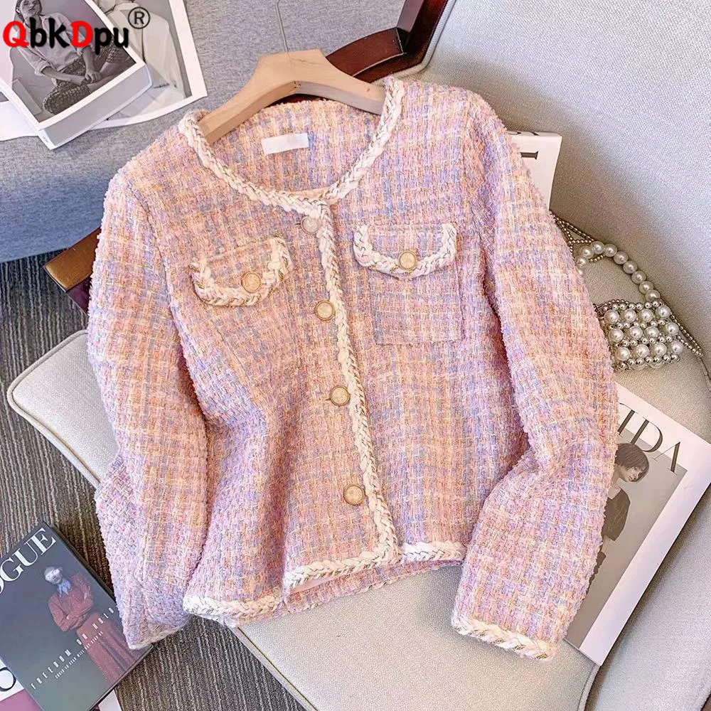 

Korean Fashion Tweed Outerwears Women Casual O-neck Single Breasted Jackets Tops Spring Fall Long Sleeve Chaquetas Blusas New