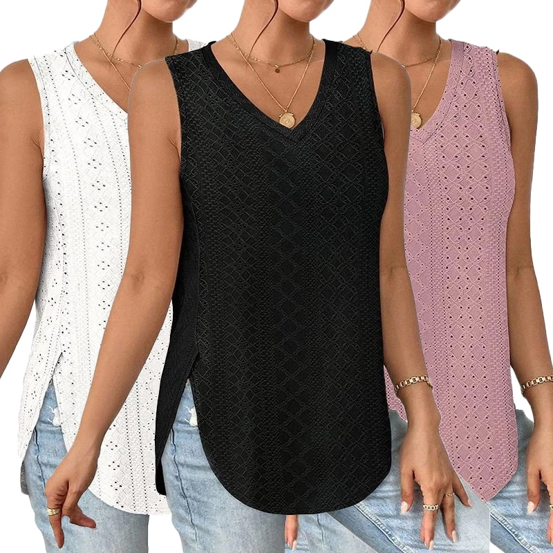 

Women's Summer Fashion Casual Wear Loose Sleeveless Hollow Jacquard Backband Top Women's V-neck Hollow Sleeveless Top