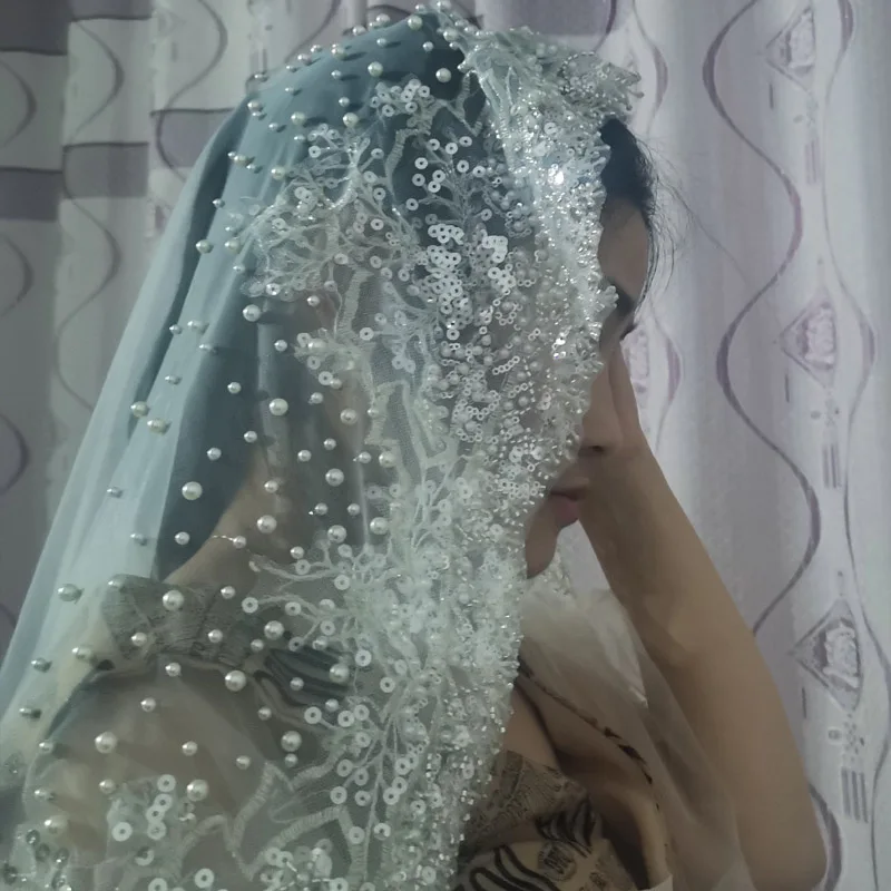 Luxurious beaded sequined veil romantic wedding accessories 2023 new pearl cathedral wedding bride concealed veil