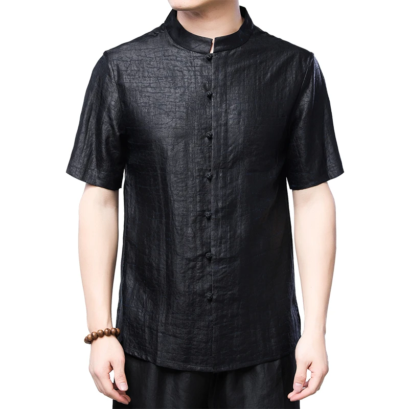 Gambiered Canton Gauze Dress Men Shirt Short Sleeved Frog Black Summer Quality 100%Silk Tang Costume Loose Fit Camisas De Hombre