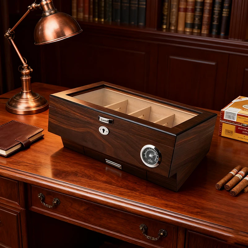 Cedar cigar moisturizer with hygrometer and key to monitor the condition of the cigar at any time
