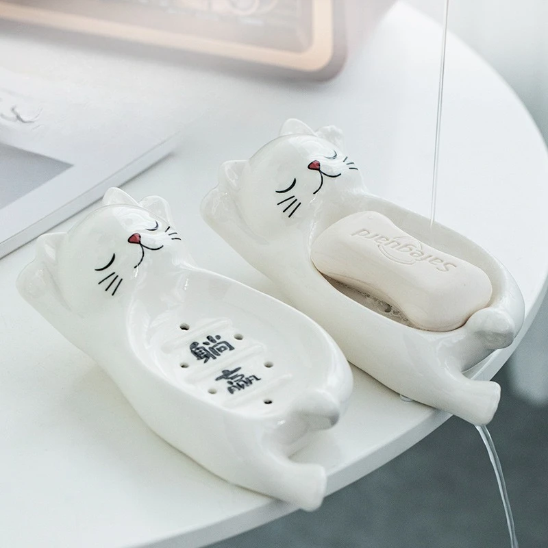 

Современная простота, сливная коробка для мыла с изображением кошки, керамическая коробка для мыла для домашнего использования без перфорации, керамические изделия ручной работы для украшения ванной комнаты