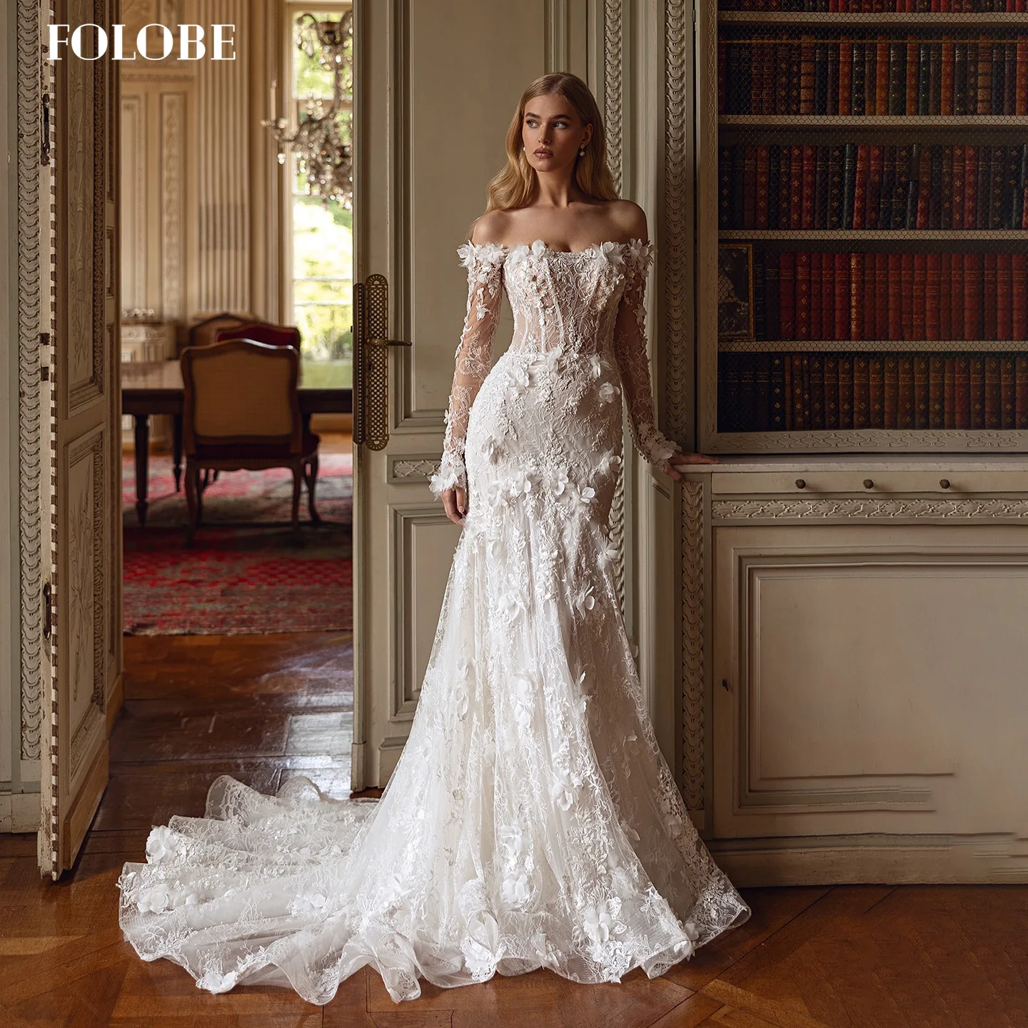 

FOLOBE Off Shoulder Lace Wedding Dresses Mermaid with 3D Flowers Bridal Gowns Lace Appliques Vestidos De Novia Customized