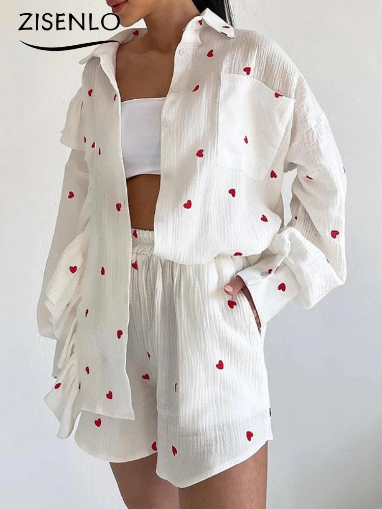 

Summer Outfits for Women 2024 New Ruffled Love Print Shirt Wide Leg Shorts Casual Two Piece Set for Women Elegant Short Sets