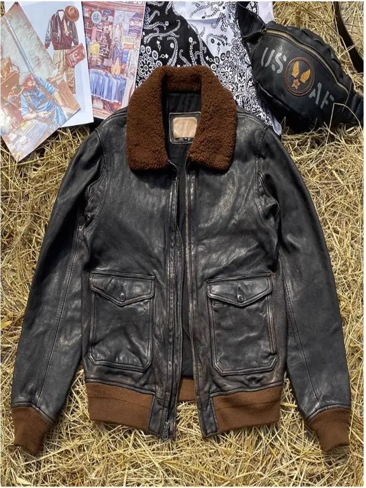 

YR!Free shipping.Classic style vintage G1 genuine leather jacket.Bomber natural goatskin coat. Rider cool cloth.Autumn