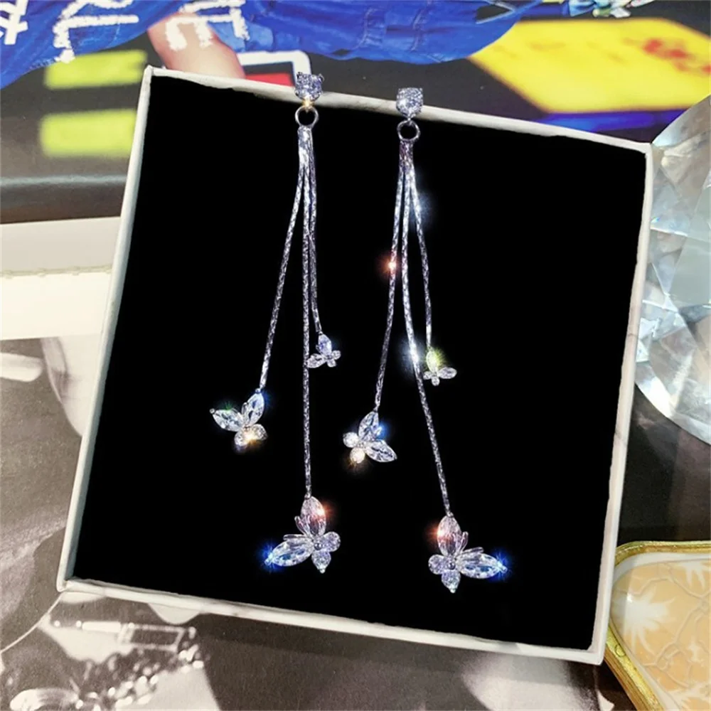 Korean Fashion Zircon Butterfly Tassel Earrings Trendy Crystal Silver Color Rhinestone Pendant Earrings Party Jewelry image 3