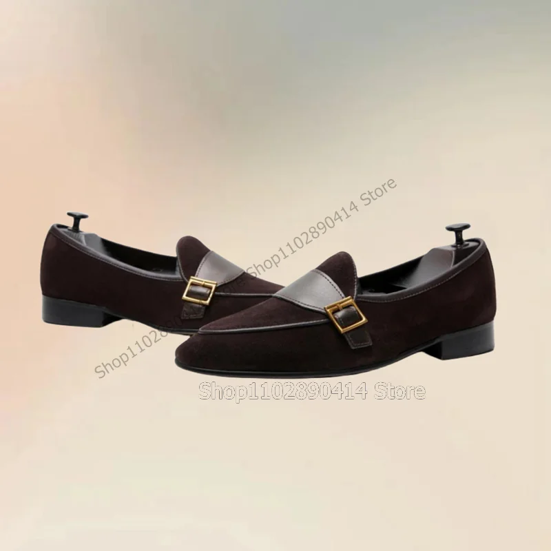 Sepatu Slip On kasual untuk pria, sepatu loafer atasan rendah dekorasi gesper logam warna abu-abu hitam cokelat, sepatu kasual buatan tangan, sepatu Pesta Jamuan Makan pria