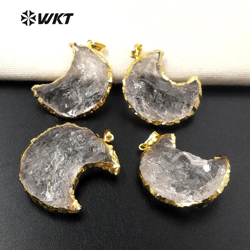 

WT-P1301 Оптовая мода натуральный хрустальный камень кулон в форме луны с золотыми краями для женщин изготовление ювелирных изделий элегантный стиль