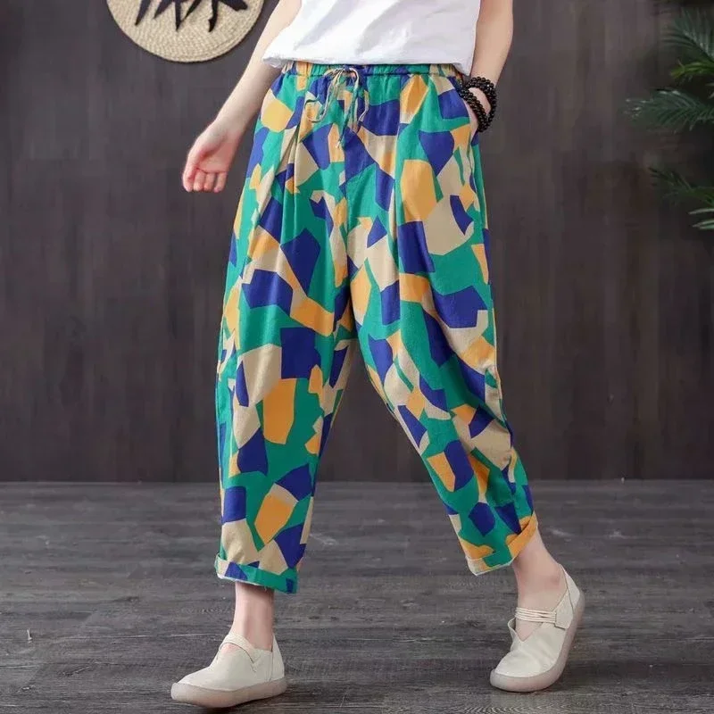 Fashion Women's Ankle Length Pants Mother Loose Retro Cotton and Linen Pants for Women Summer  Printing Harem Pants Female