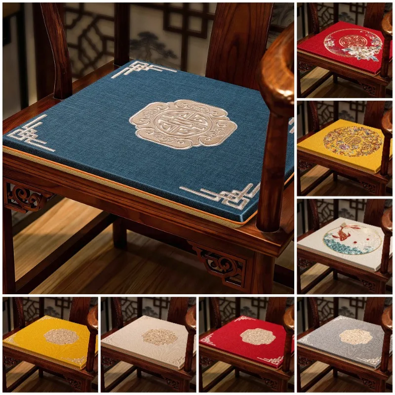 Chinese Style Embroidered Dining Chair Cushion Non-Slip Removable Linen Chair Mat Seat Pad for Dining Room Tea House Decoration