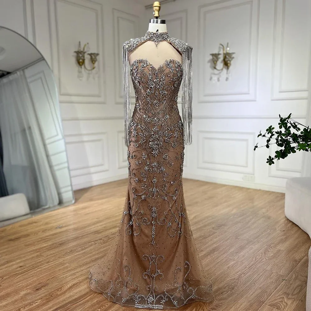 SERENE HILL Customized Arabic Caramel Mermaid Tassel Beaded Luxury Dubai Evening Dress Gown Women Wedding Party 2025 CLA72237A