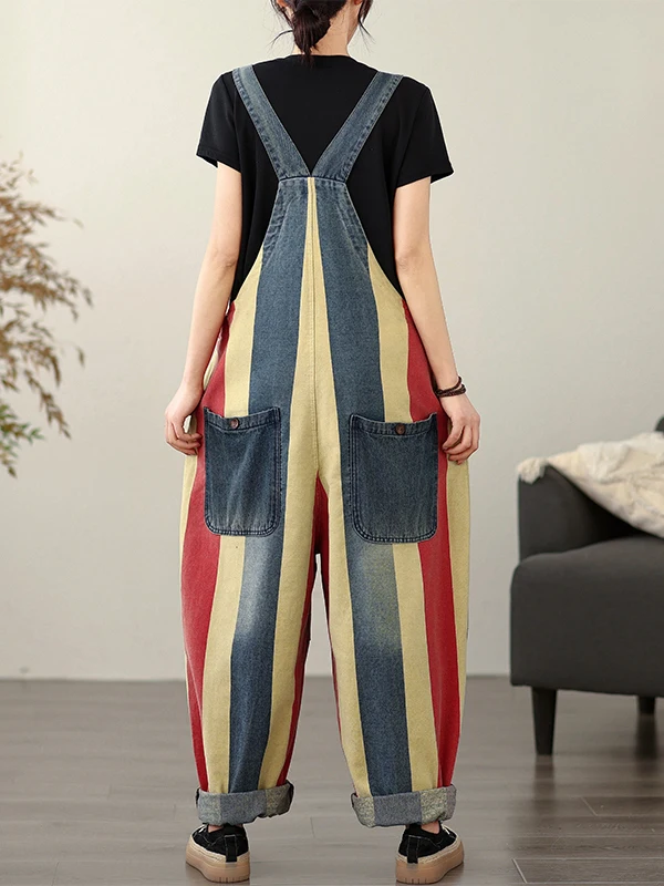 Loose Casual Women's Summer Denim Overalls Printed Striped Nine-Piece Tagl Straight Leg Jeans Casual Comfortable Wide Leg ...