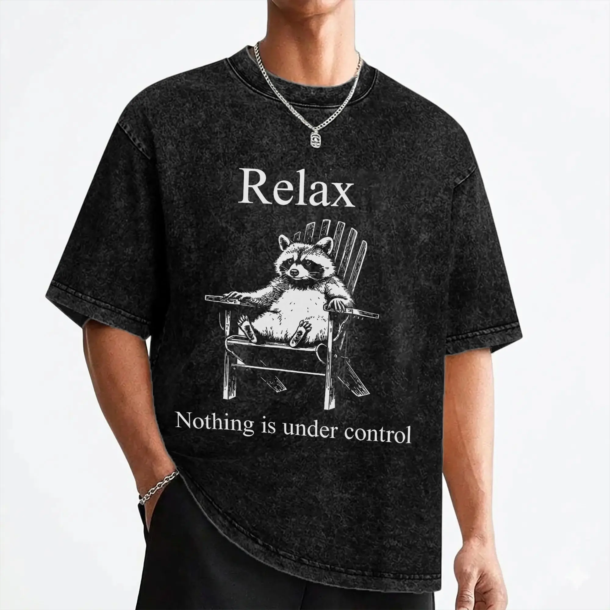 Relax Nothing is Under Control Raccoon Surrender Washed T Shirts Streetwear Hip Hop T-Shirts Tees Tops for Men Cotton Oversize