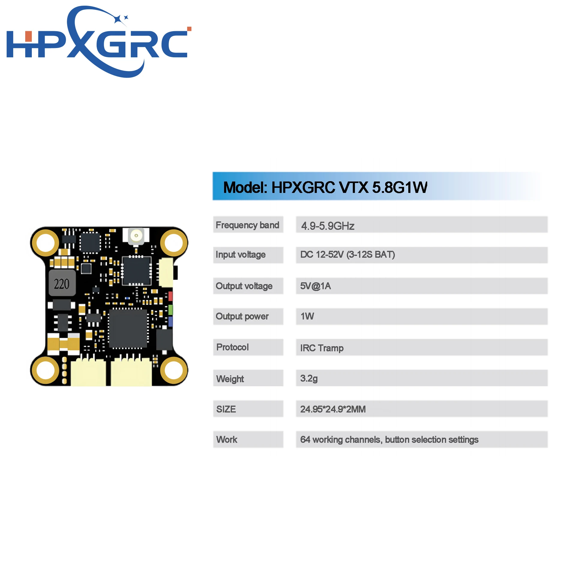 HPXGRC 5.8G 1W 64ビット VTX RC FPVドローン用強力な貫通力を持つ安定した信号