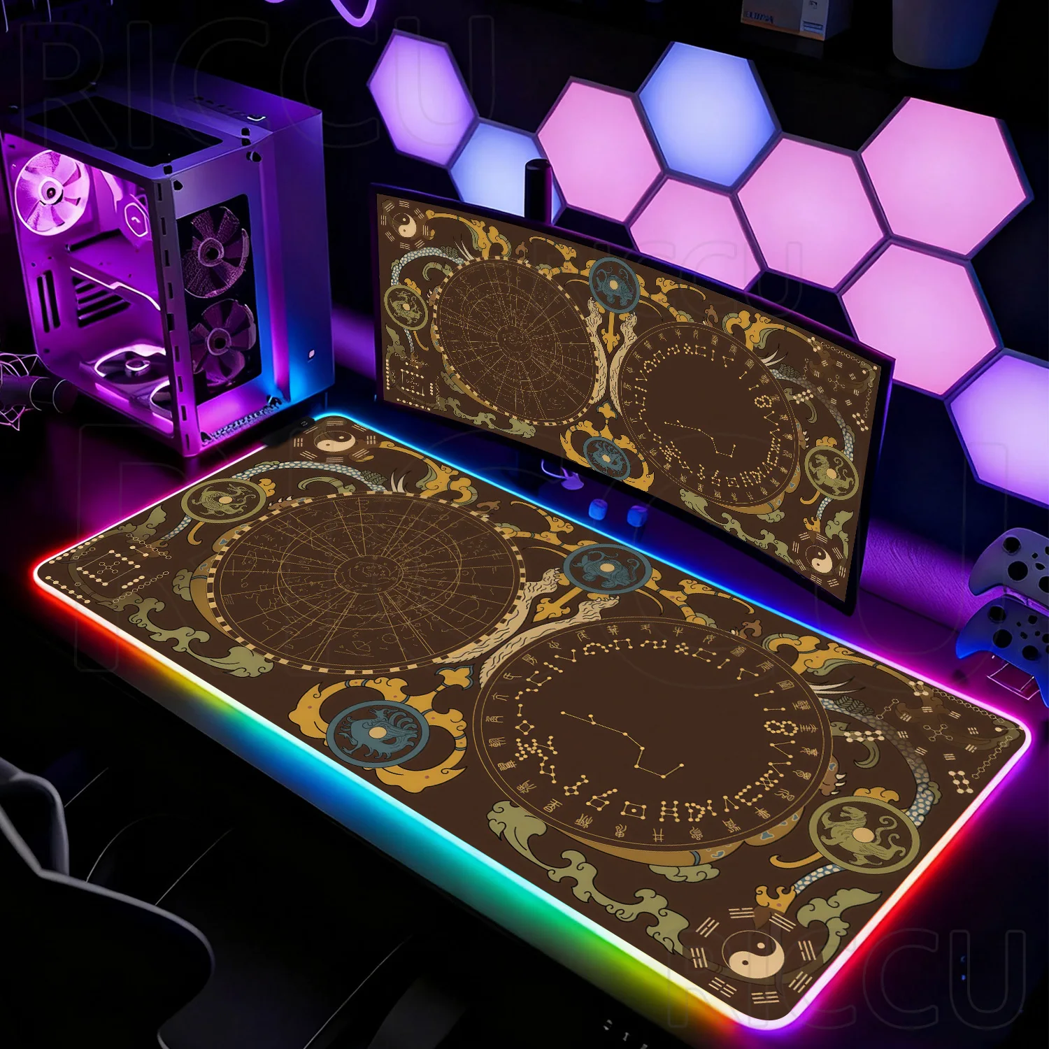 RGB XXL Desk mat Gaming Astrology Hetu Luoshu Aesthetic Rubber HD Mouse pad Cartoon Celestial Phases Non-slip LED PC Accessories