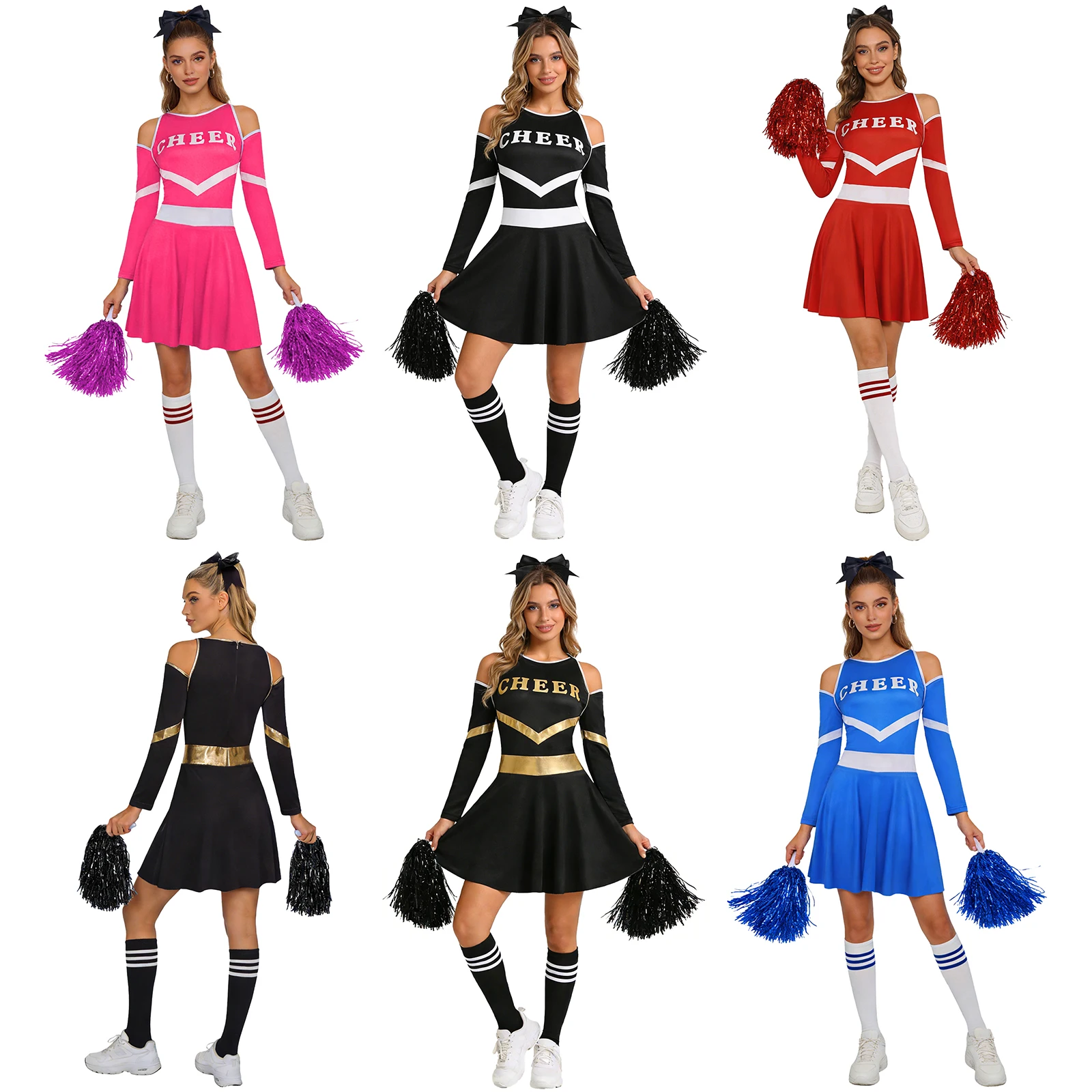 

Women Cheerleading Dance Performance Costume Long Sleeve Dress with Stockings Headband Pom-poms for Halloween Party Carnival