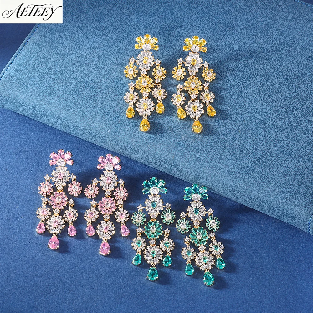 AETEEY S925 Silver Heavy Floral Zircon Dangle Earrings Luxury Multi Color Optional Women Wedding Jewelry
