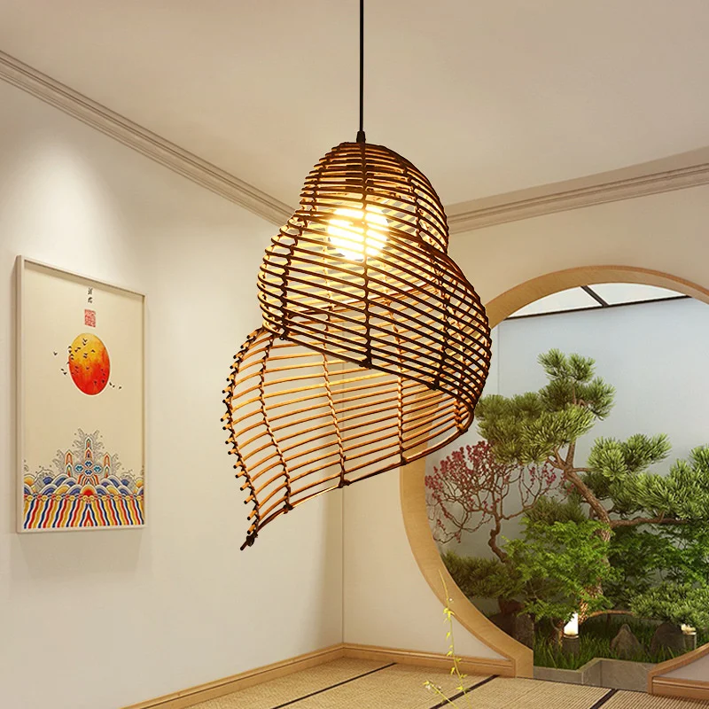 Handmade Bamboo Conch Chandelier Retro Chinese Restaurant Bar Lamp Creative Personality Cafe Teahouse Decorative Pendent Light