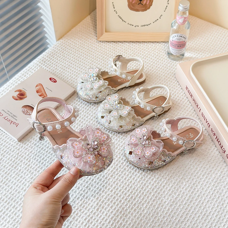 New Summer Roman Sandals Fashion Bow Sequins Beads Comfortable Everyday Children's Cute Casual Flat Walking Shoes Zapatos Mujer