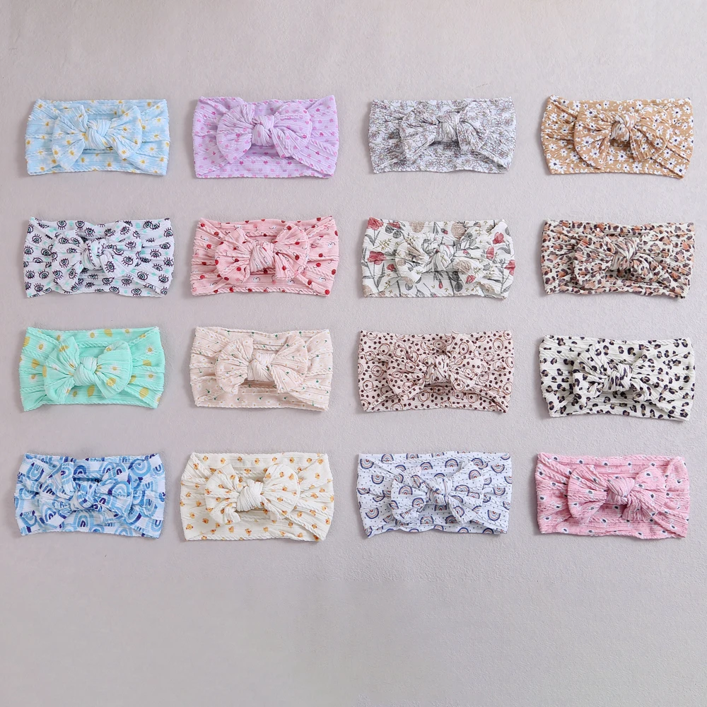 Floral Print Baby Bow Headband, Cable Knit Wide Nylon Turban Head Wraps Baby Shower Gift KIds Girls Hair Accessories