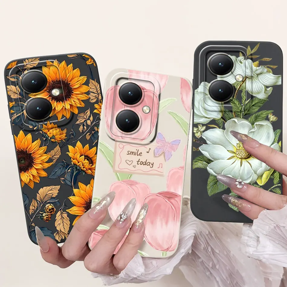 For Vivo Y35+ Y35m+ 5G Phone Case Vivo Y35M Plus Y35Plus Elegant Floral Cat Painted Soft Silicone Shockproof Cases