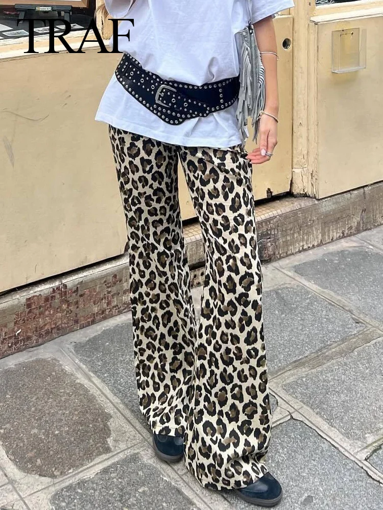 TRAF 2024 Spring Women\'s Leopard Print Wide Leg Pants Suit Long Sleeve Pocket Shirt+High Waist Straight Pants Set Streetwear