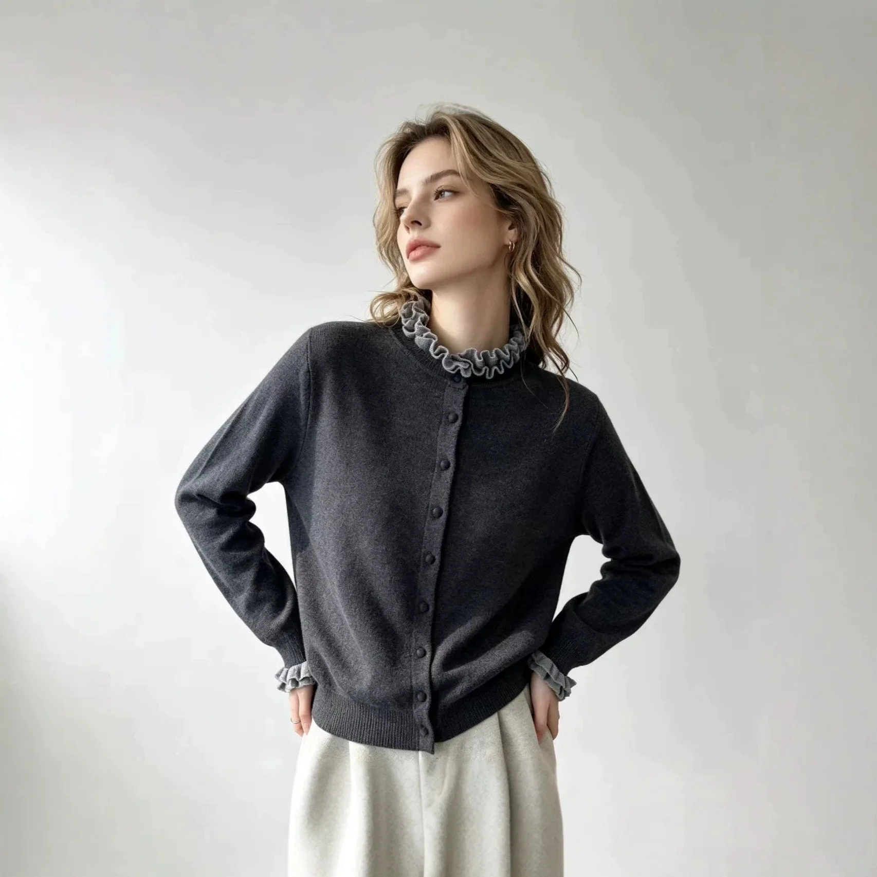 Women Autumn Sweater Long Sleeve Knitted Ruffled Collar Cardigans Coat Women Warm Sweater Blusas Roupa Feminina