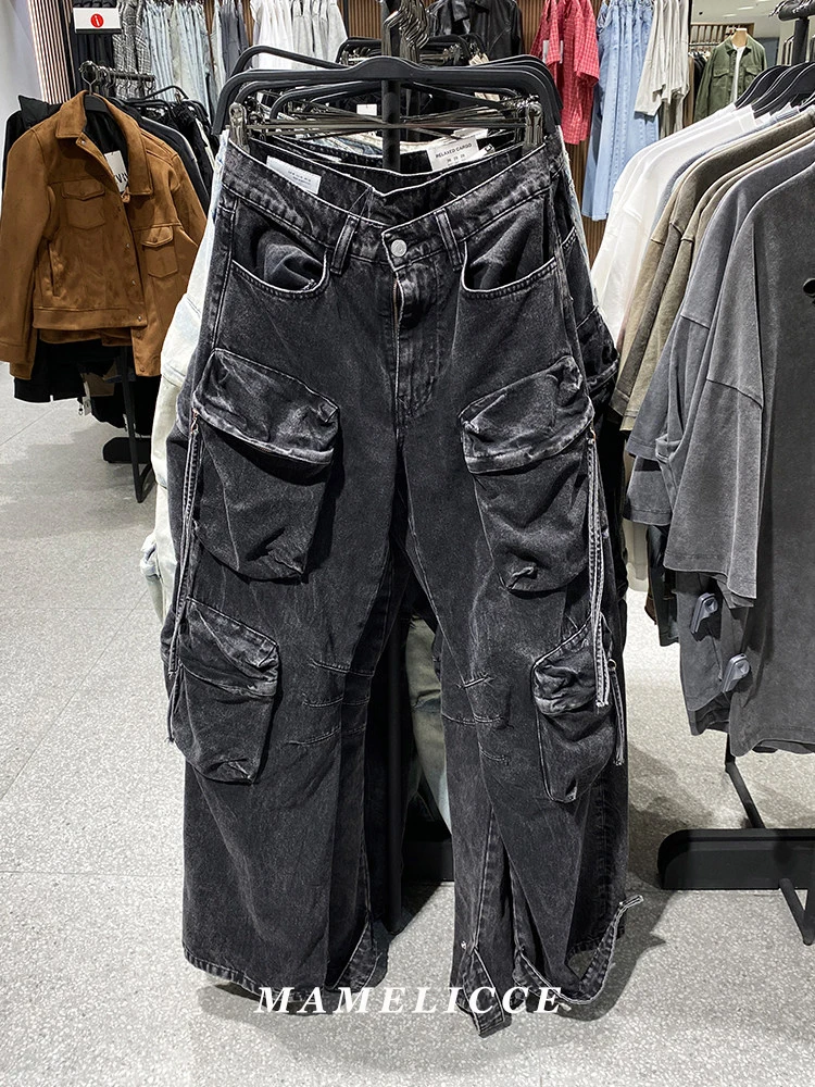 MAMELICCE Original design multiple pockets Washed denim casual Wide leg pants man High Street Jeans cargo pants