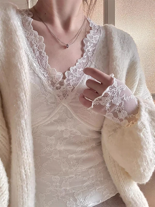 Top de punto con empalme de encaje blanco V-Ne para mujer, Otoño Invierno, diseño forrado con relleno en el pecho, Base de desgaste interior irt