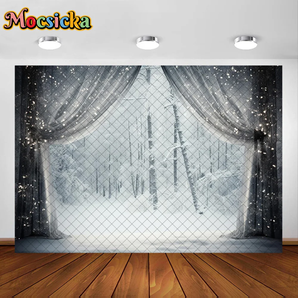 Mocsicka Photography Background Christmas Tree Wreath Window Room Decoration Backdrop Family Xmas Holiday Portrait Studio Prop