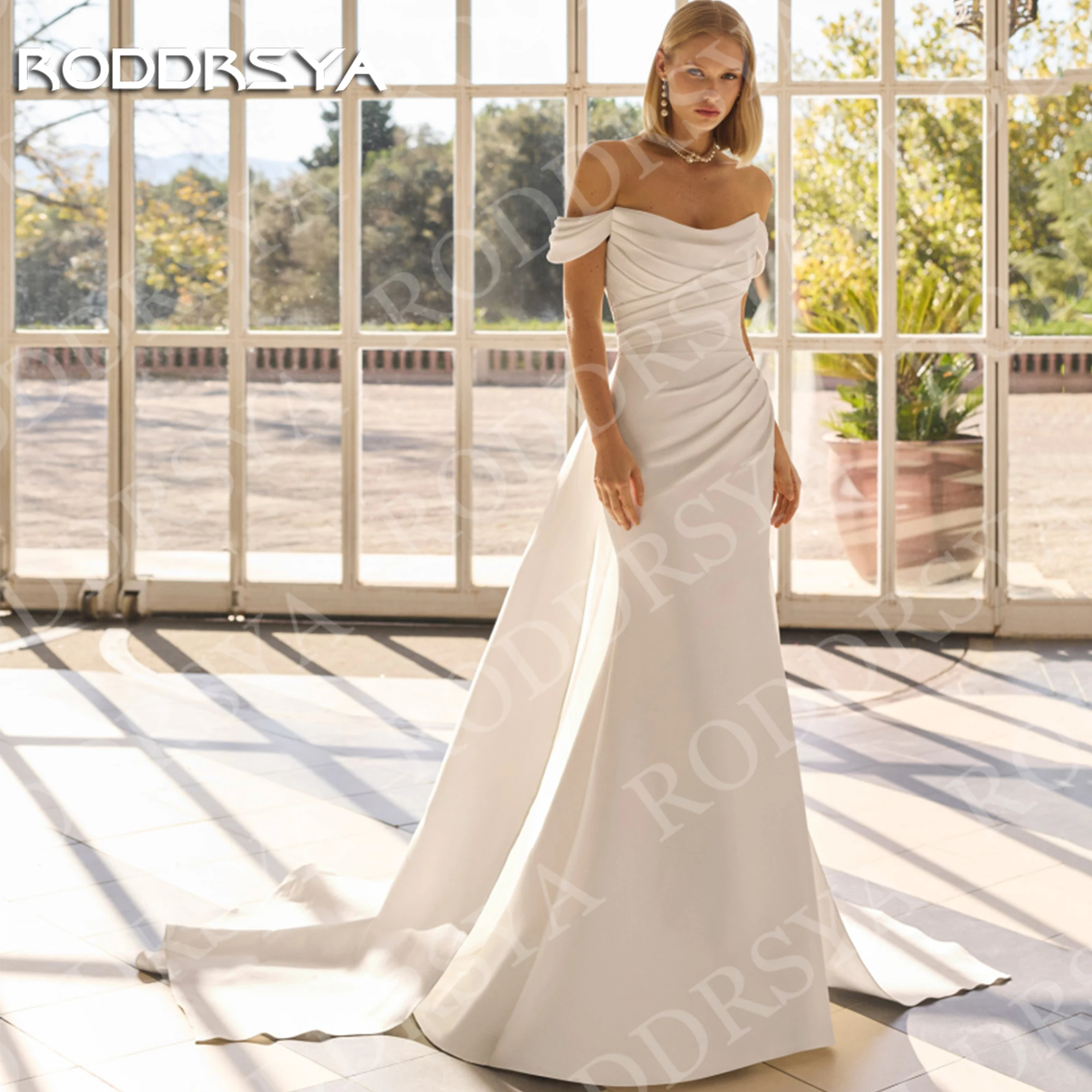 RODDRSYA Off the Shoulder Satin Mermaid Wedding Dress Woman Pleated Simple Elegant Detachable Train Bridal Dresses Customized
