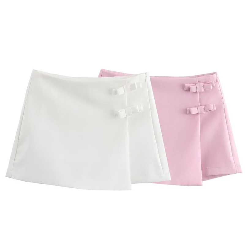 HXAO Mini Bow Solid Culotte Women Wrap High Waist Shorts Skirts Summer 2024 White Pink Shorts Skirts Casual High Street Culottes