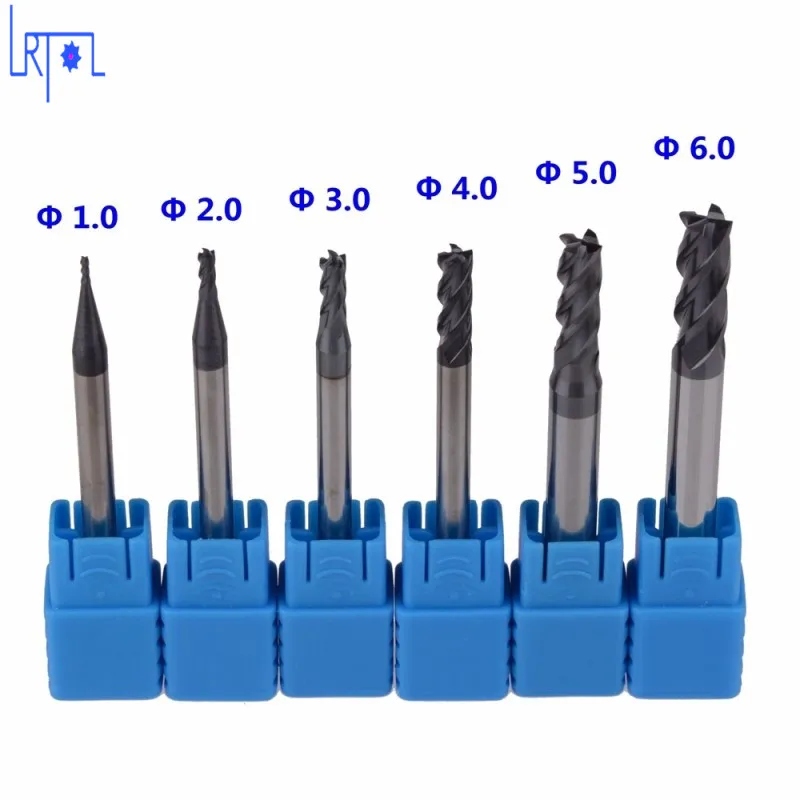 HRC45 Four 4 Flutes 1 2 3 4 5 6mm*50mm Micro Solid Carbide Flat End Mill Set CNC Milling Cutter Bits For Steel Milling