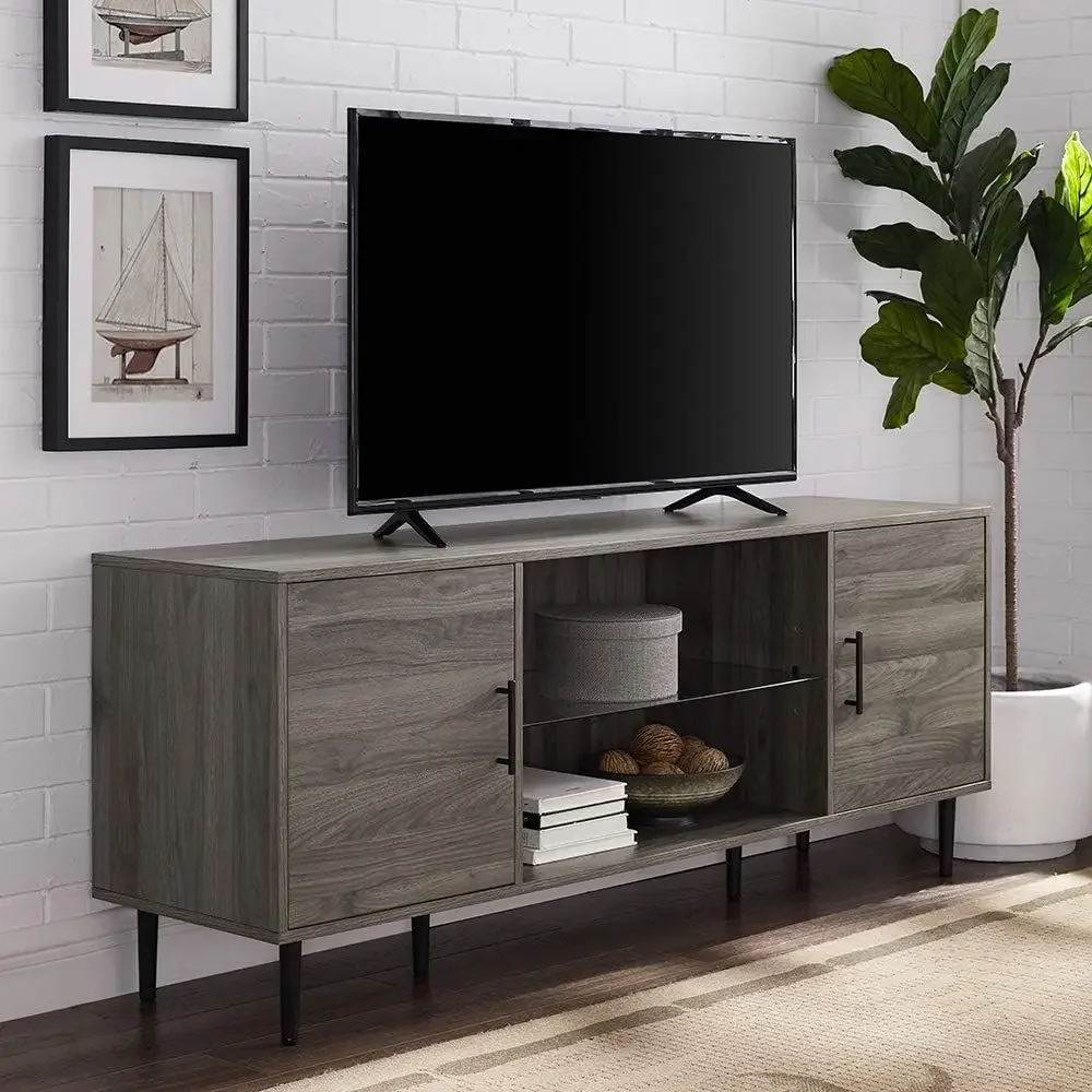 

Saxon Mid Century Modern Glass Shelf TV Stand for TVs up to 65 Inches, 60 Inch, Slate Grey