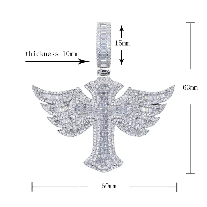 Luxury Angle Wings Long Cross Pendant 14K Gold Lab Diamond Charm Pendant Necklace for Women Men Party Hiphop Jewelry Gift