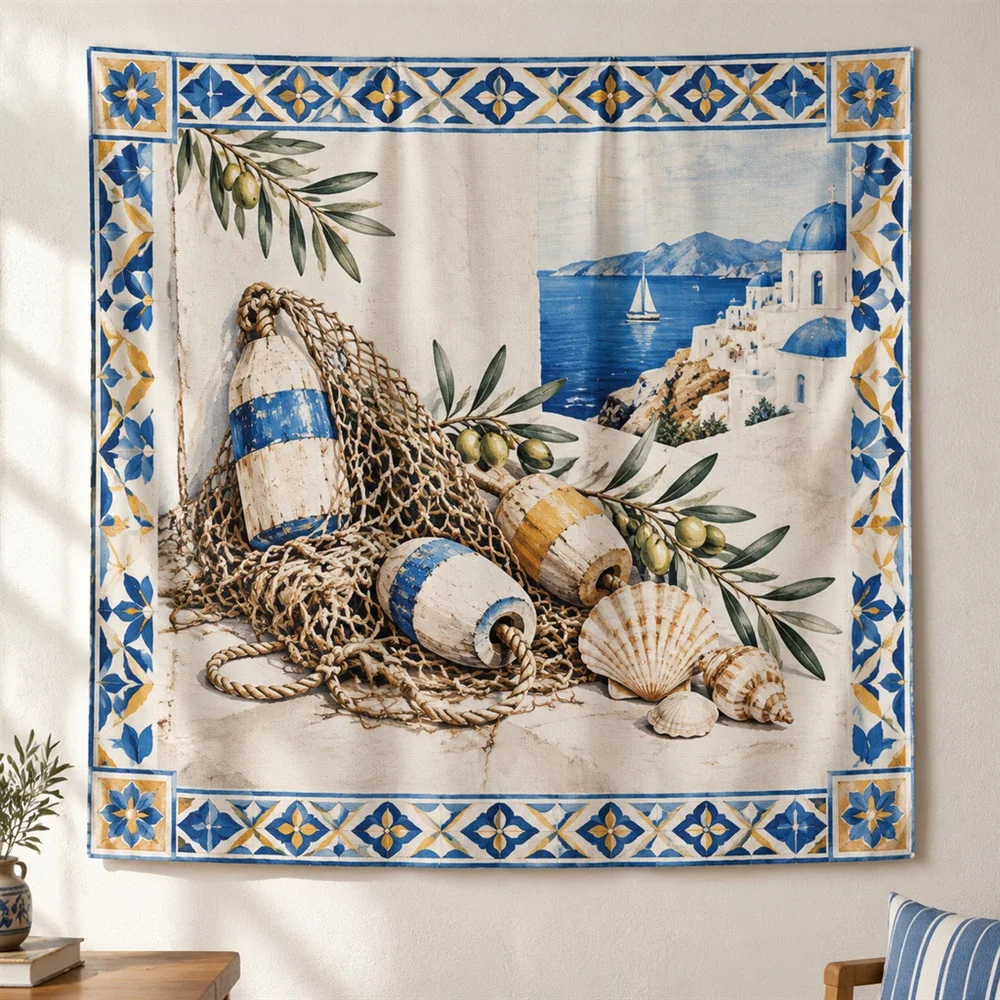 VIKAMA Fishing Net Still Life Clustered Groups Tapestry Wall Hanging, Mediterranean Wall Art Tapestries for Living Room Bedroom