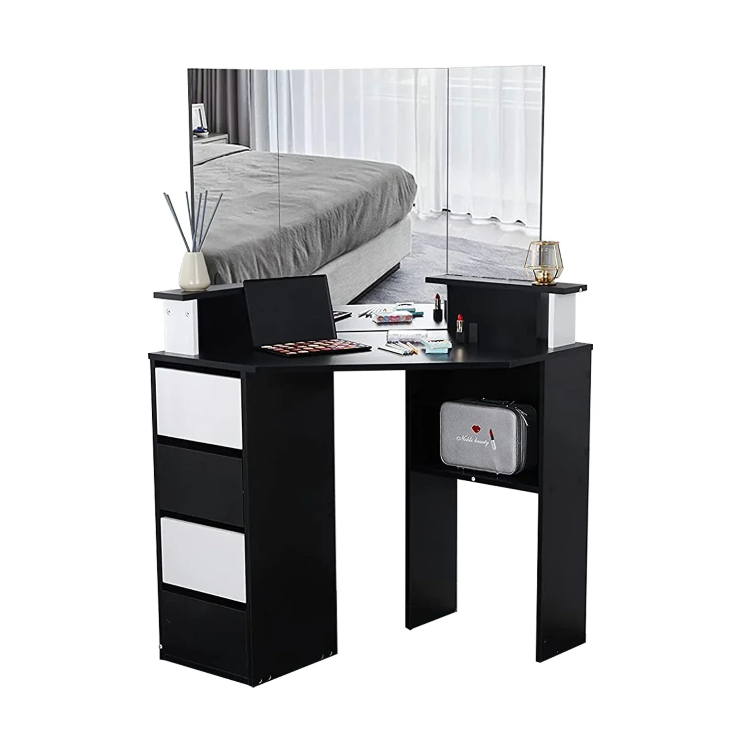 Corner Vanity Desk With Lighted Mirror And 4 Drawer Makeup Dressing Table