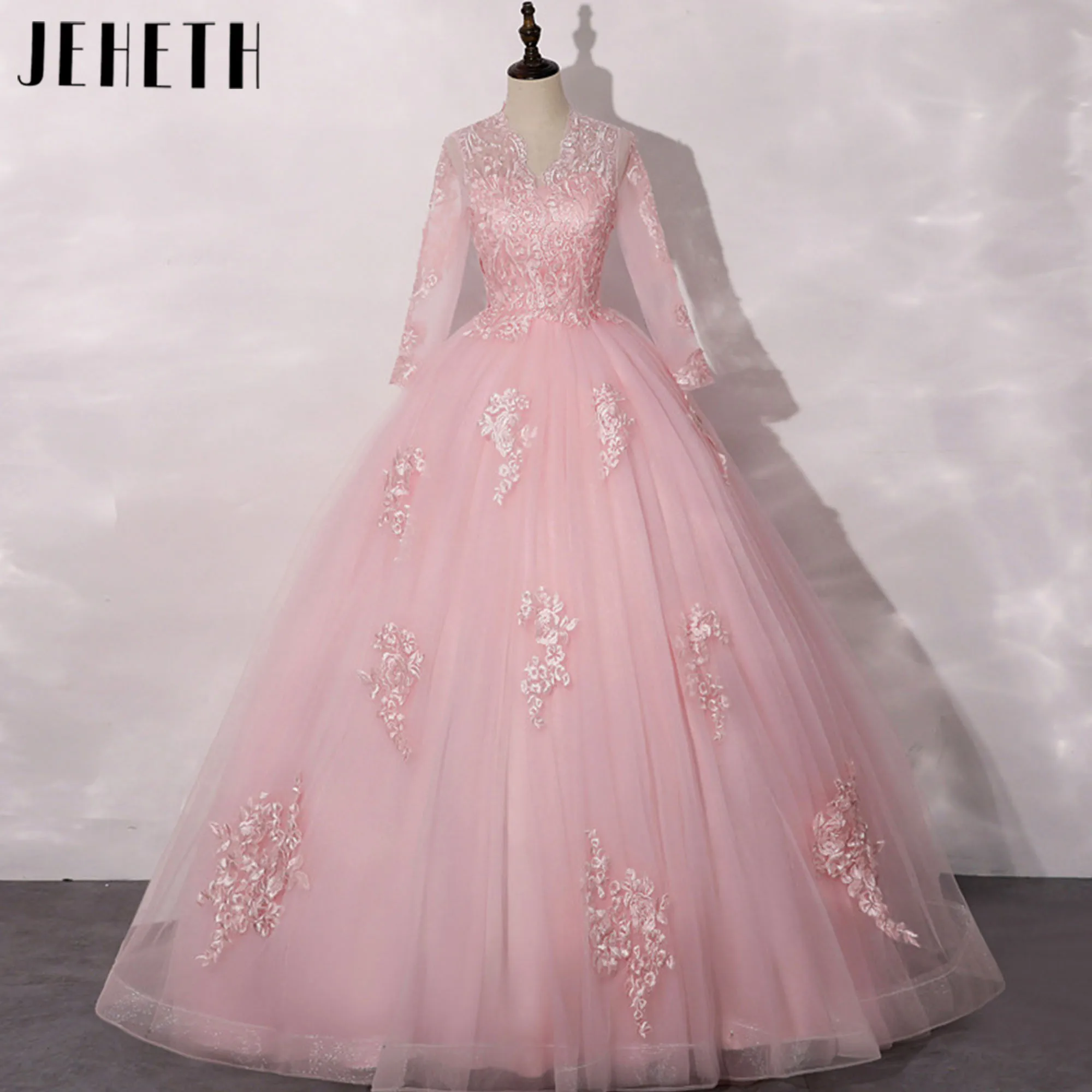 

Full Sleeve 15 Year Old Quinceanera Dresses 2025 Pink Appliques Ball Gown Tulle Formal Occasion Birthday Party Gowns vestido de