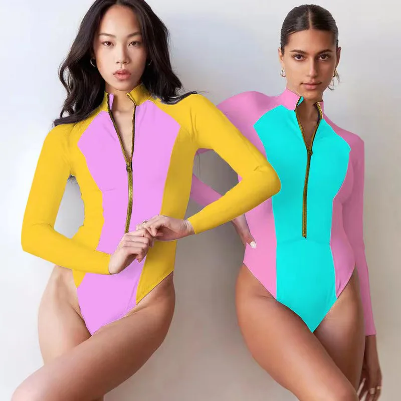 

2025 Patchwork One Piece Swimsuit Long Sleeve Swimwear Women Bathing Suit Retro Zipper Swimsuit One Piece Surfing Swim Wear