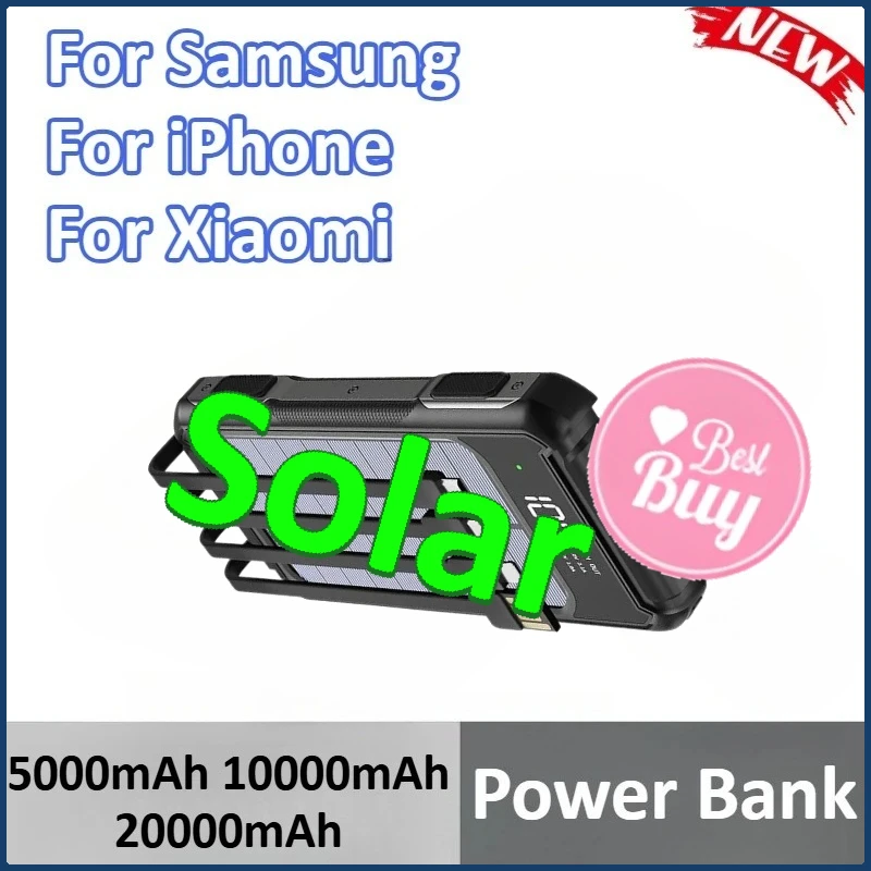 

Power Bank для Samsung, iPhone, Xiaomi, встроенные кабели с солнечной панелью, портативный PowerBank 5000 мАч, 10000 мАч, 20000 мАч