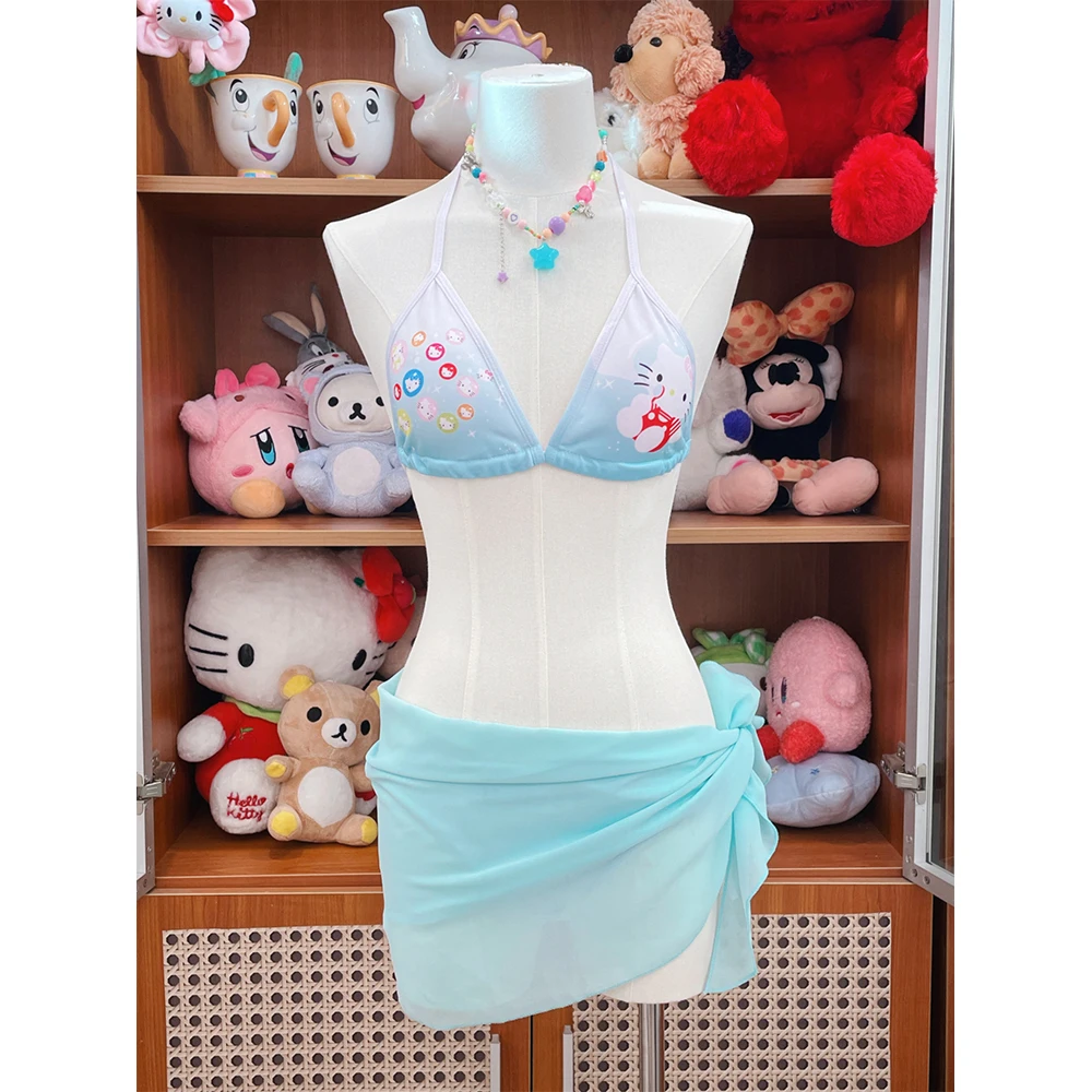 

Anime Kawaii Hello Kitty Woman's Bikini Set Swimsuit Fashion Print Gradient Color Take A Photo Cartoon Japanese Girls Beachwear