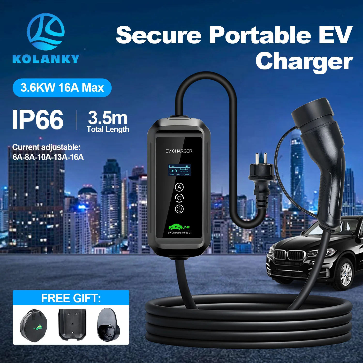 Kolanky EV شاحن محمول نوع 2 موصل قابس 16A 1 المرحلة 3.6KW مجموع 3.5 متر محطة شحن صندوق الحائط للمركبة الكهربائية IP66